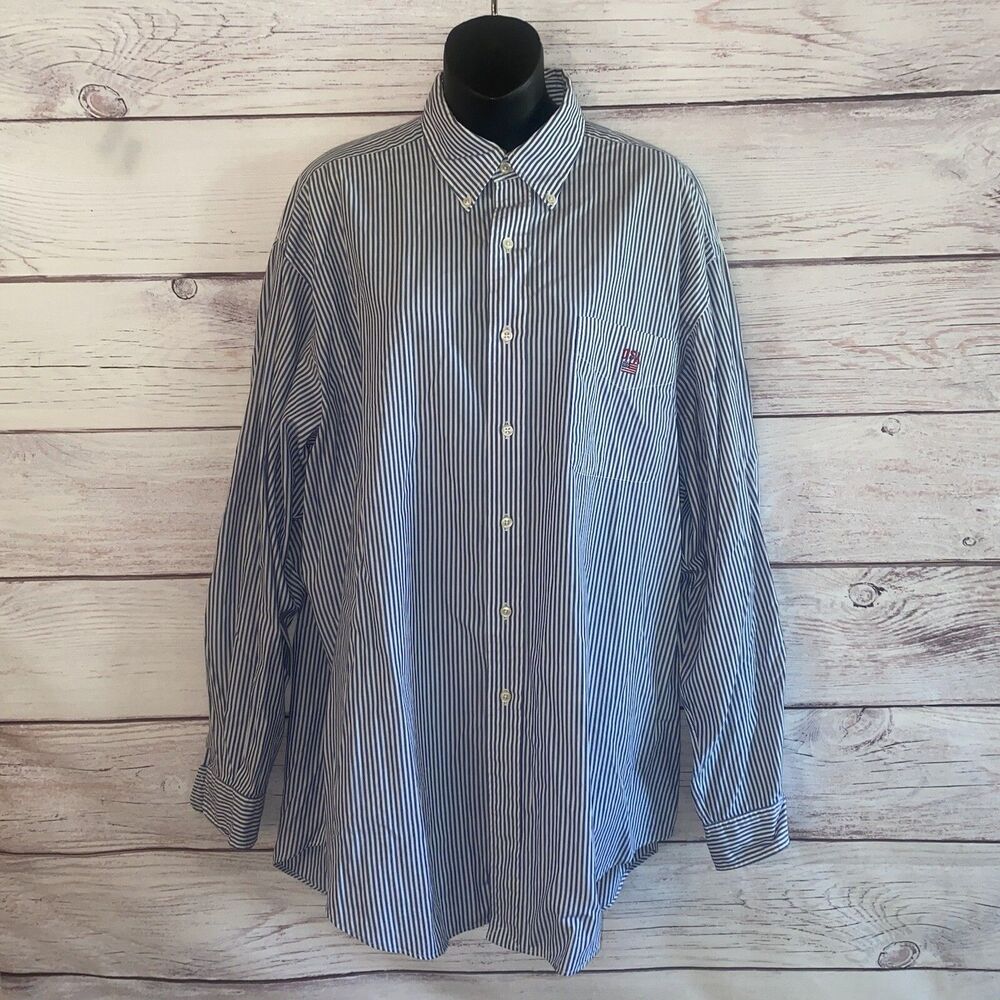 RALPH LAUREN SPORT Mens L Shirt Blue White Striped Embroidered USA FLAG Blaire